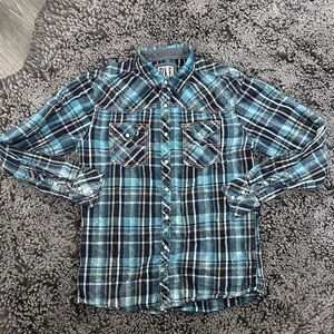BKE Navy and Teal Plaid Men's Shirt